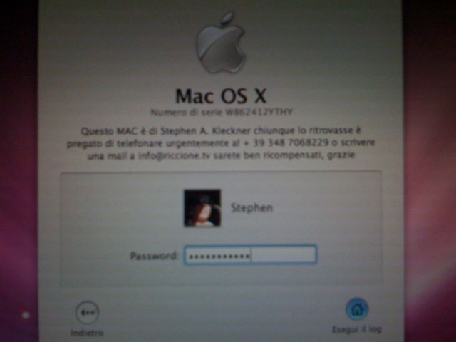 Schermata della finestra di login del Mac OS X