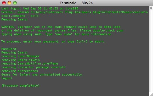 schermata terminale disinstallazione Geras.plugin schermata terminale disinstallazione Geras.plugin
