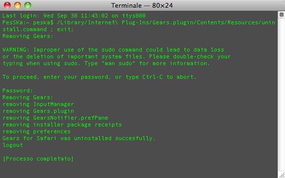 schermata terminale disinstallazione Geras.plugin