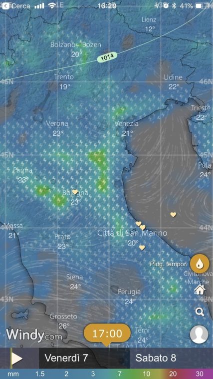 Schermata pioggia e temporali windy.com
