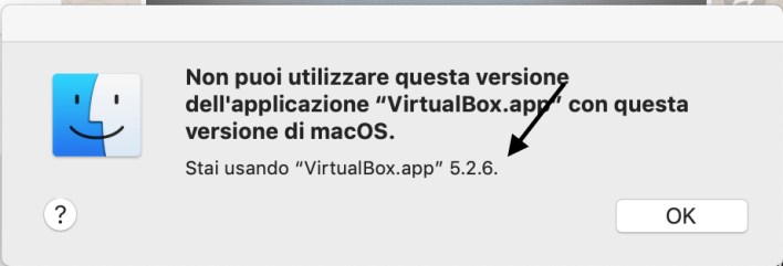 Screenshot errore Non puoi utilizzare questa versione dell'applicazione "VirtualBox.app" con questa versione di macOS. Stai usando "VirtualBox.app" 5.2.6
