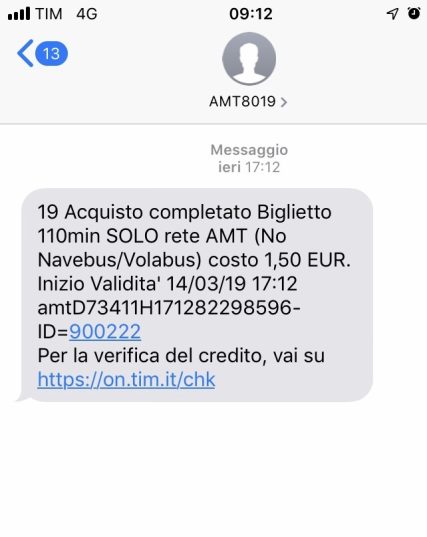 Acquisto biglietto 110 minuti SOLO rete AMT al costo di € 1,50 via SMS