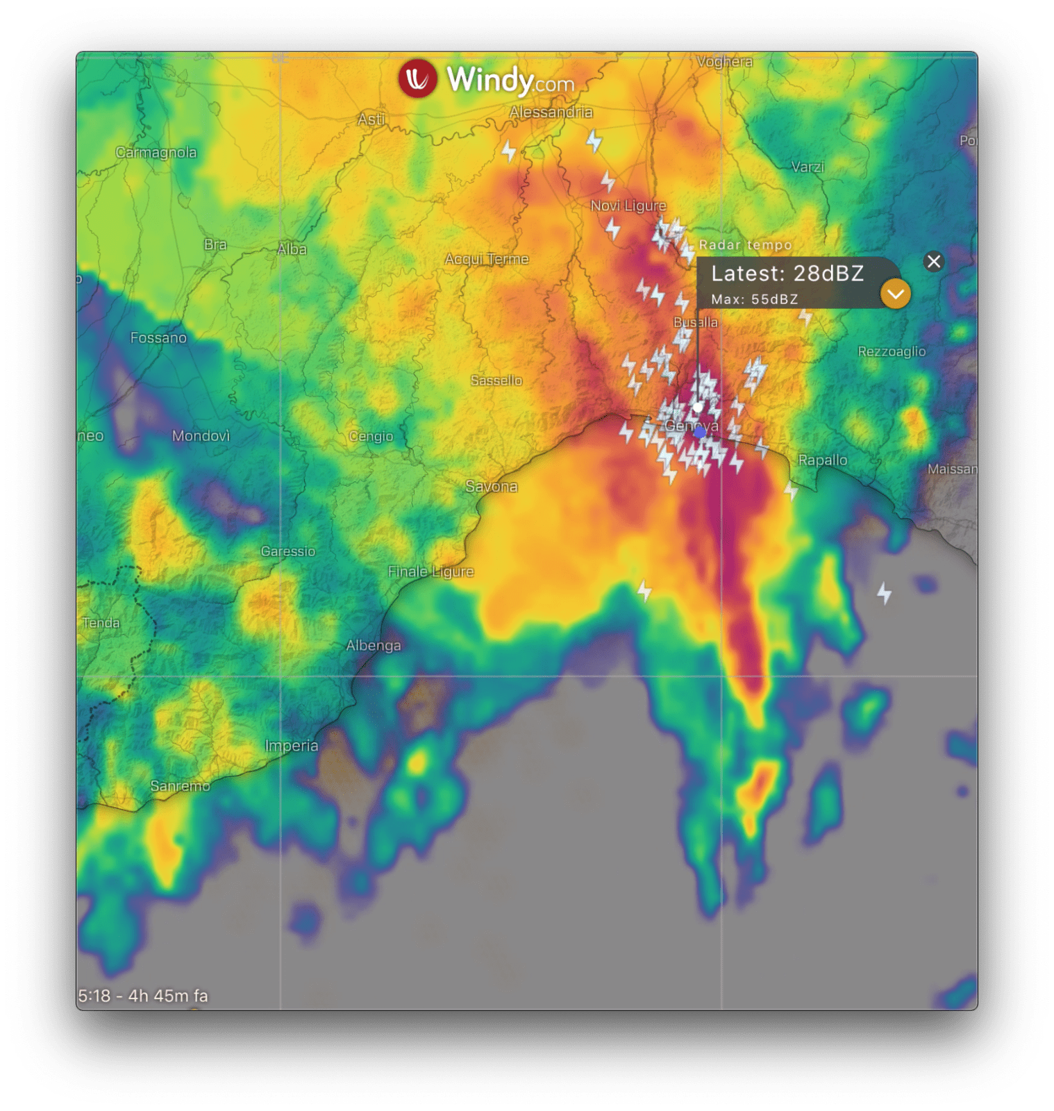 Radar meteo durante allerta rossa su Genova il 21 ottobre 2019