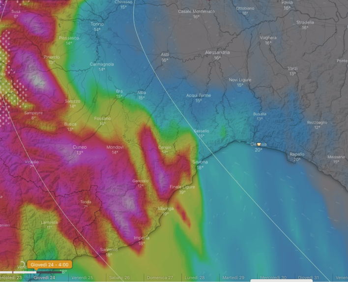 Screenshot previsini del 23 ottobre 2019 da Windy.com