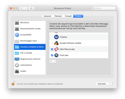 Screenshot pannello di controllo Sicurezza & Privacy Accesso completo al disco
