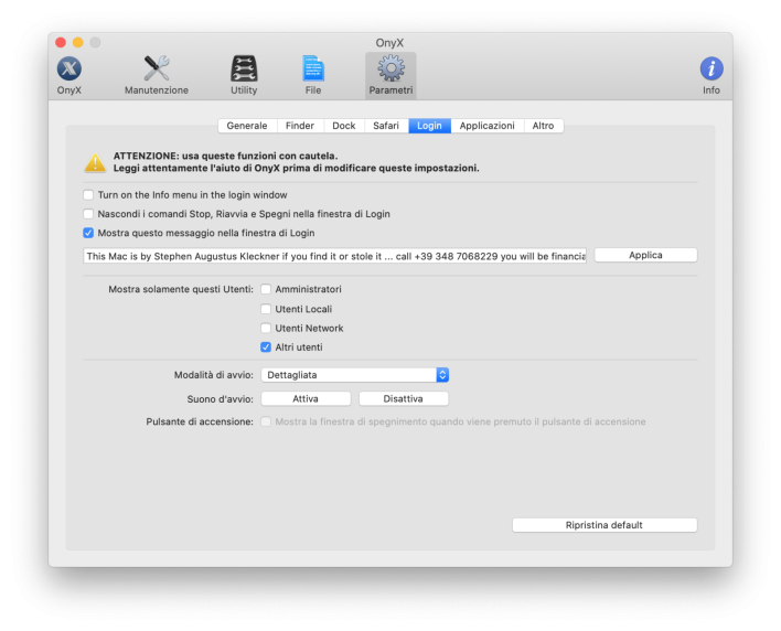 Modificare la finestra di login di OS X 10.15