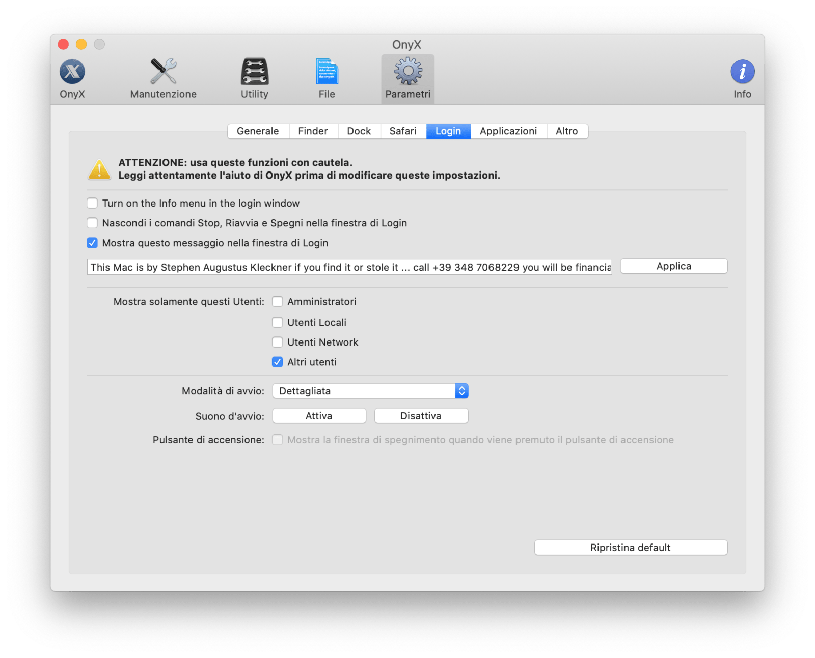 Modificare la finestra di login di OS X 10.15