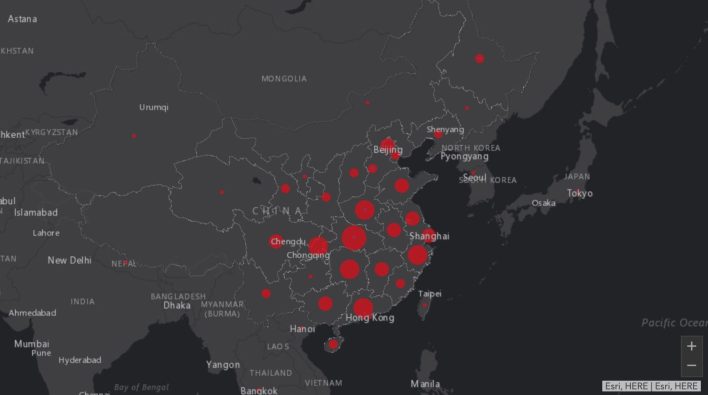 Mappa in aggiornamento continuo sul Coronavirus 2020-nCoV by JHU CSSE