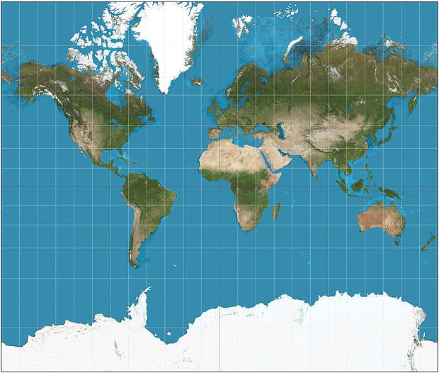 Proiezione di Mercatore della Terra tra 82°S e 82°N.