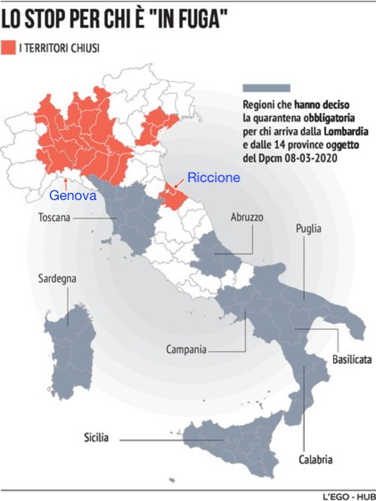 the quarantined regions in Italy on 8 March 2020