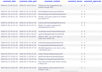 Screenshot database MySql campi comment_id wordpress