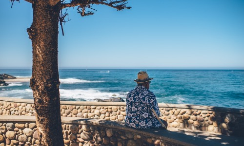 Signore anziano con camicia hawaiana che guarda il mare sotto ad un pino