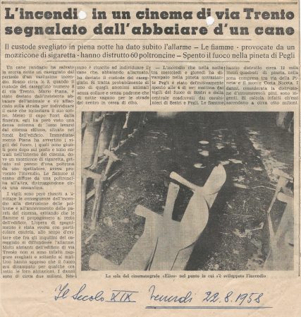 Scansione articolo Secolo XIX incendio cinema Elios in Via Trento 8 del 22 agosto 1958