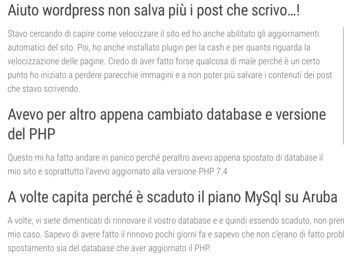 schermata post Wordpress non salva più il testo che si inserisce nel corpo del post