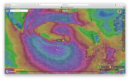 Screenshot windy modello GFS 27 ottobre 2020 raffica vento