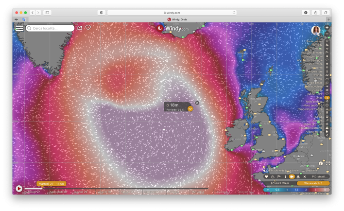 Screenshot windy modello WaveWatch 3 27 ottobre 2020 onde