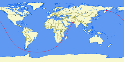 The longest straight line: you can sail almost 20,000 miles in a straight line from Pakistan to the Kamchatka Peninsula, Russia. [720x360]