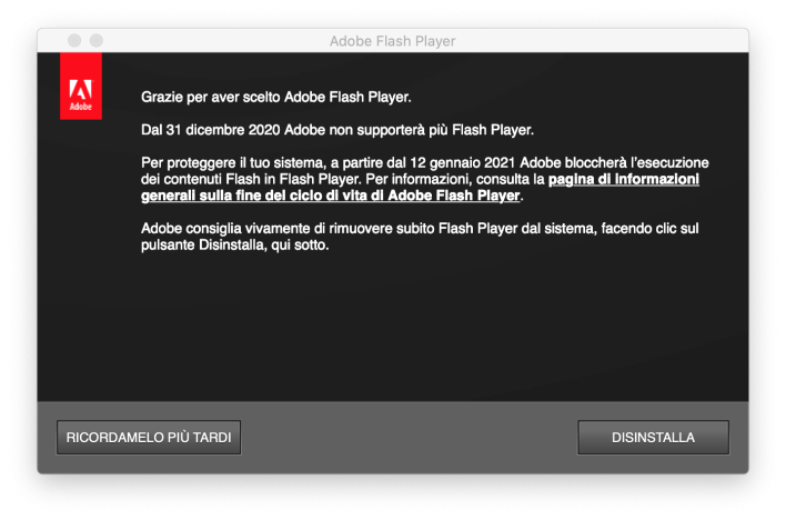 Schermata richiesta rimozione Flash Player Adobe