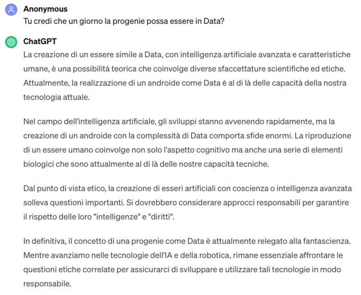 Risposta di Chat GPT-3.5 a Stephen Augustus Kleckner sulla progenie di un possibil Data