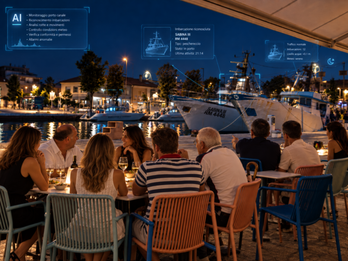 Persone alla Iole di Rimini che parlano di IA e discutono del futuro dell'intelligenza artificiale by Stephen Kleckner